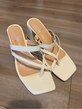 White Strappy Square-Toe Block Heel Sandals
